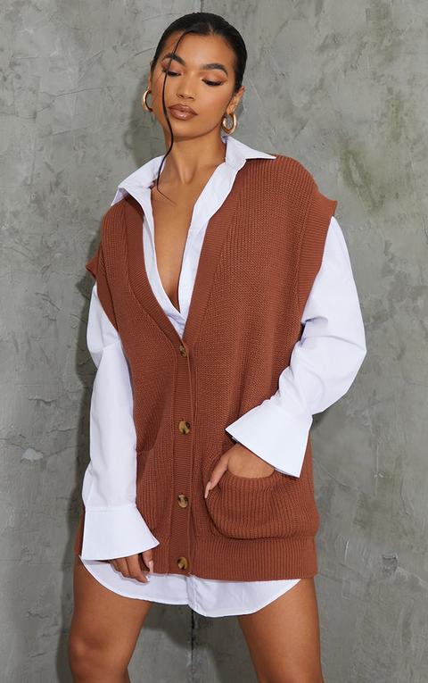 Rust Button Up Pocket Detail Sleeveless Cardigan