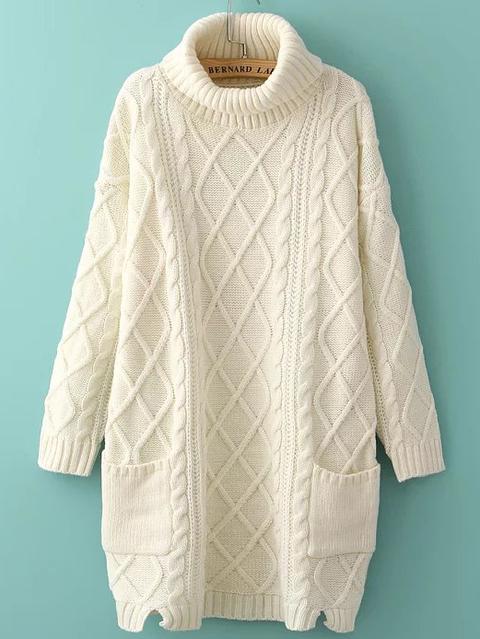 White Turtleneck Side Slit Pocket Cable Knit Sweater Dress