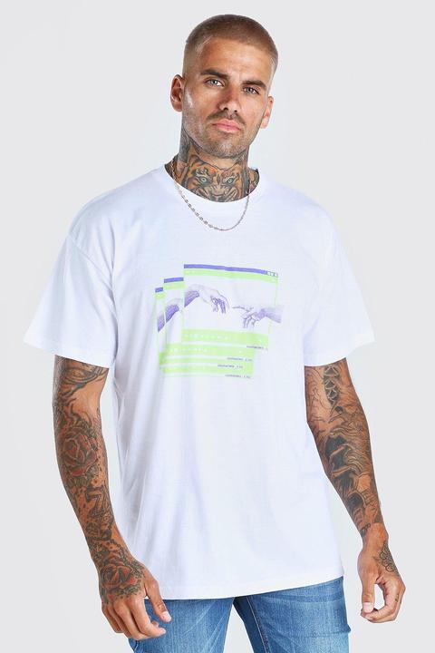 Mens White Oversized Hands Graphic T-shirt, White