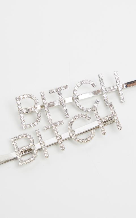 Silver Diamante Bitch Slogan Left And Right Two Pack Hair Slides