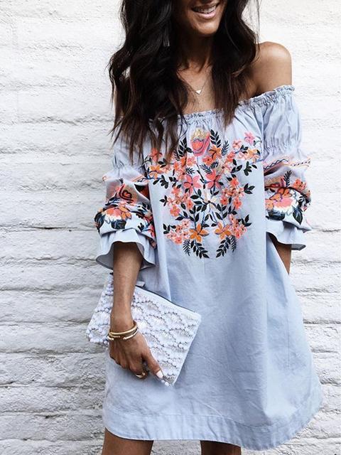 Blue Mexican Embroidery Print Off Shoulder Flare Long Sleeve Mexico Mini Dress