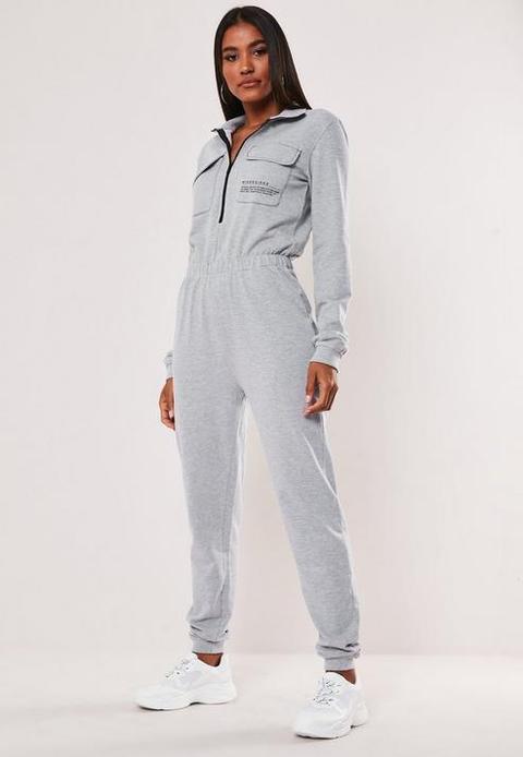 Grey Zip Through High Neck Slogan Jumpsuit, Grey