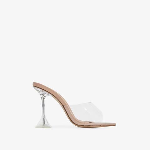 Lila Square Toe Perspex Clear Heel Mule In Nude Patent, Nude