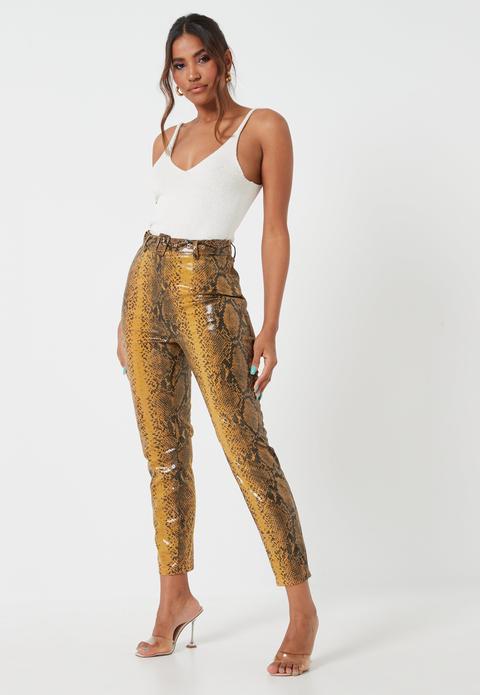 Pantalon Droit Jaune Imprimé Serpent En Similicuir