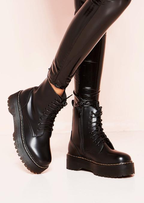 Kathie Black Faux Leather Lace Up Zip Boots