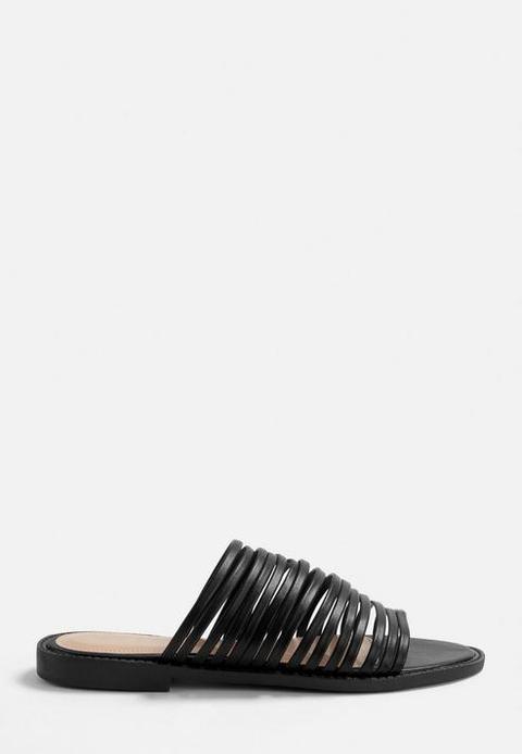 Black Super Strappy Flat Sandals, Black