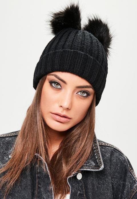 Black Double Pom Pom Beanie Hat, Black