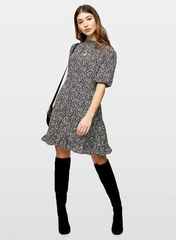 Womens Black Ditsy Print High Neck Smock Dress, Black