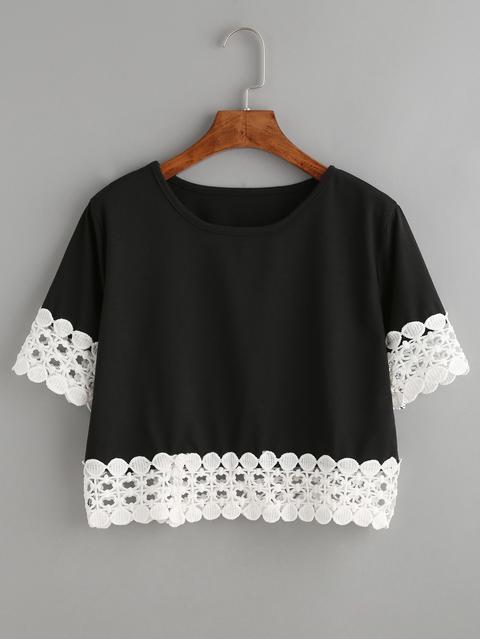 T-shirt Crop Rifilato Uncinetto Contrasto - Nero