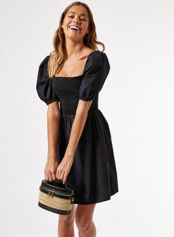 Womens Black Poplin Puff Sleeve Mini Dress, Black