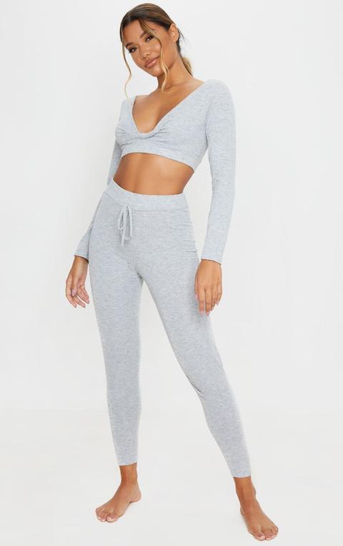 Grey Ribbed Cropped Twist Pj Set