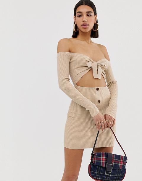 Minivestido De Canalé Con Parte Delantera Anudada Y Detalle De Botones En Beis De Missguided