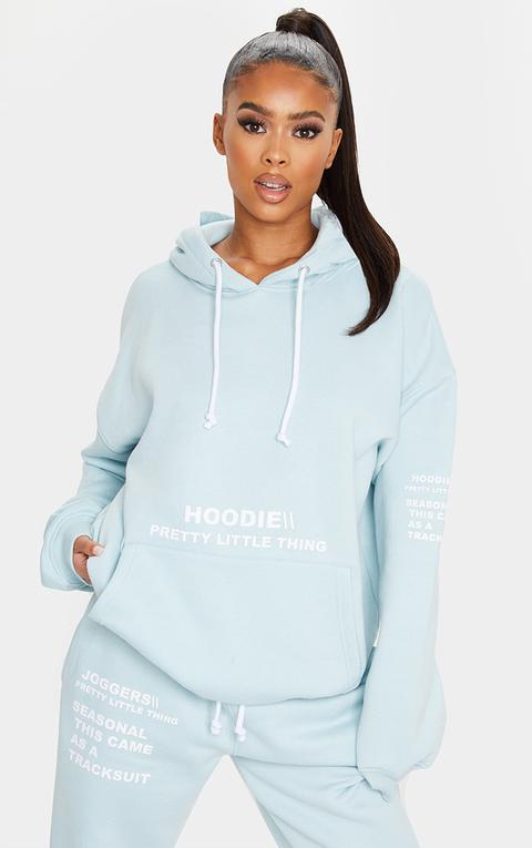 Prettylittlething Light Blue Haze Oversized Slogan Print Pocket Front Hoodie