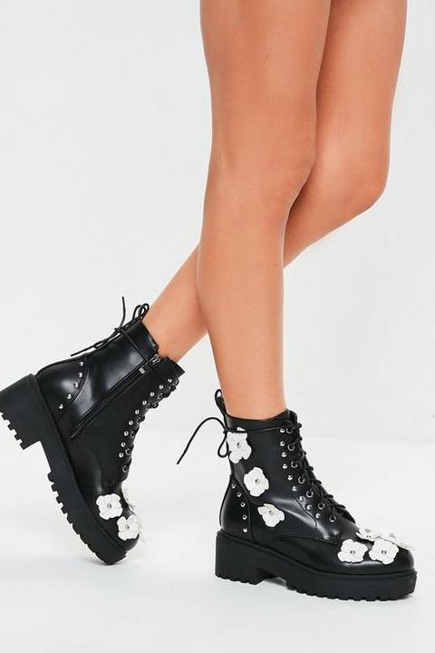 Black Extreme Sole Flower Ankle Boots, Black