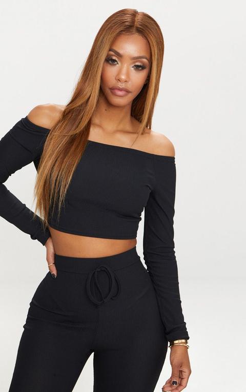 Shape Black Ribbed Bardot Long Sleeve Crop Top