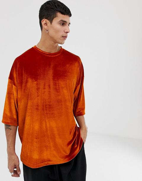 Asos Design - Oversize-t-shirt Mit Halblangen Ärmeln Aus Rostrotem Velours - Orange