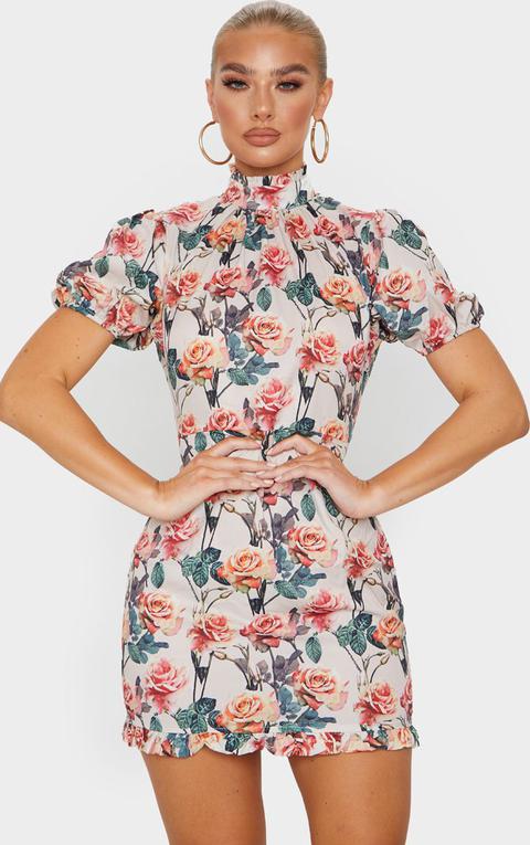 Nude Rose Print High Neck Short Sleeve Bodycon Dress