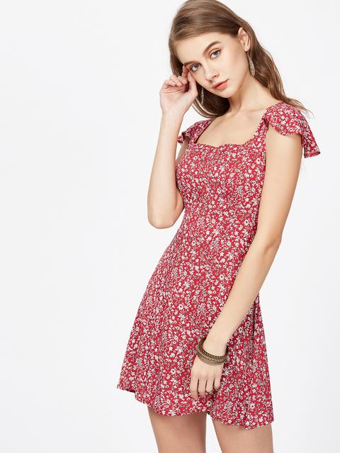 Florals Collo Quadrato Criss Cross Bow Tie Dress Indietro