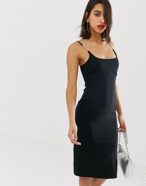 Vestido Midi Ajustado Con Tirantes Adornados En Negro De River Island