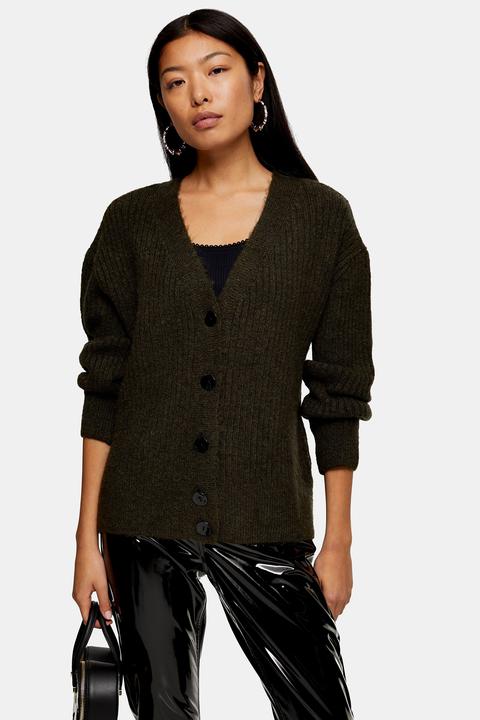 Womens Khaki Knitted Super Soft Ribbed Cardigan - Khaki, Khaki