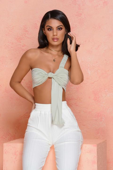 Wrap Queen Knot Front Asymmetric Bralette Top In Sage