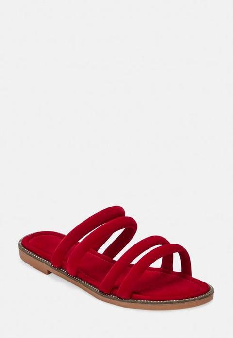 Red Multi Strap Slip On Sandals, Red