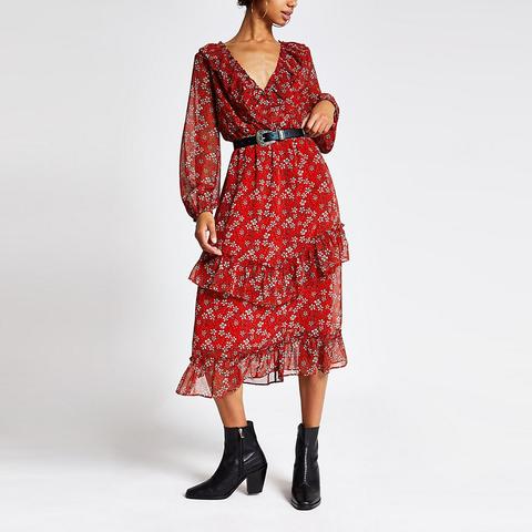 Red Floral Print Frill Wrap Dress