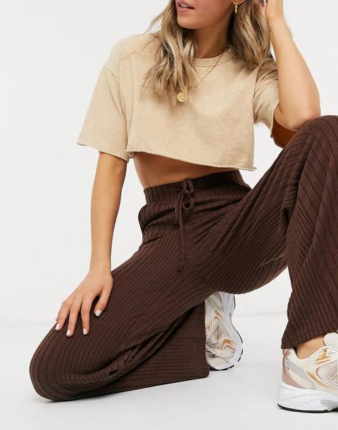 Asos Design Wide Leg Trouser In Fluffy Rib With Tie Waist In Chocolate-brown