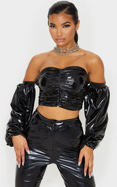 Black Vinyl Extreme Puff Sleeve Bardot Crop Top