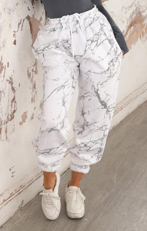White & Black Marble Print Cuffed Joggers - Caiden