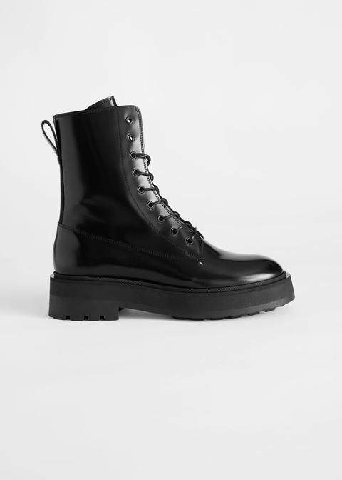 Chunky Leather Lace-up Boots - Black