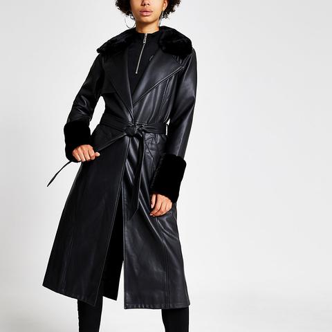 Black Faux Leather Longline Trench Coat