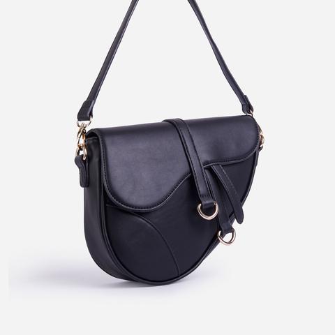 Issy Curved Cross Body Saddle Bag In Black Faux Leather,, Black