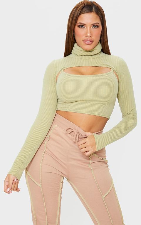 Shape Khaki Textured Rib Cut Out High Neck Crop Top