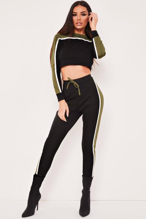 Lara Black & Khaki Panel Detail Loungewear Set