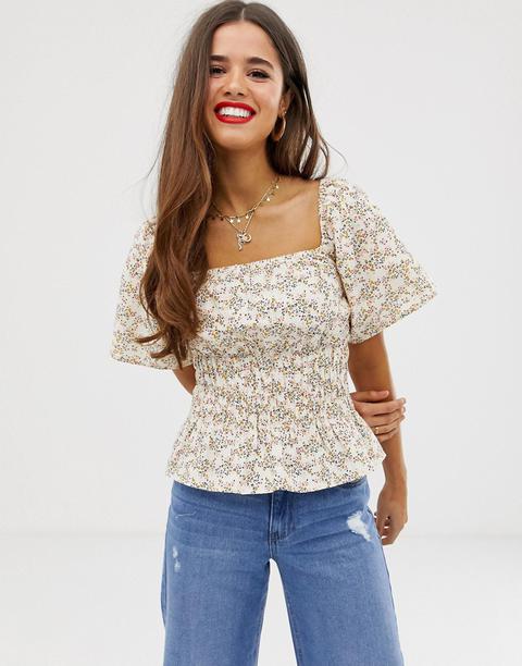 Asos Design Square Neck Shirred Sun Top With Pep Hem In Print-white