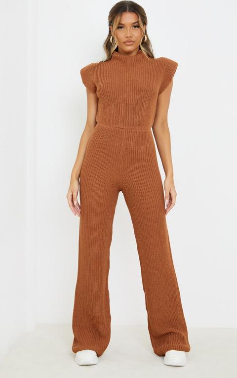 Rust Shoulder Pad Knitted Wide Leg Jumpsuit