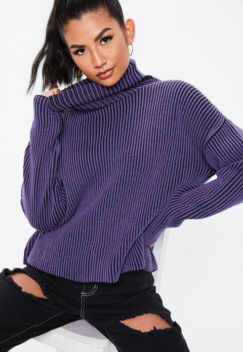 Purple Ribbed Turtle Neck Knit Sweater