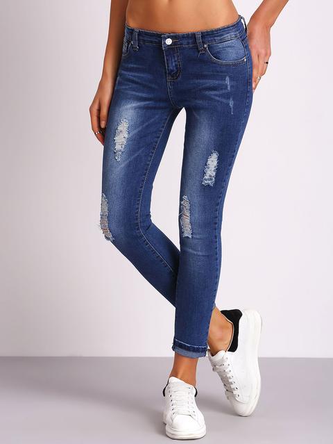 Jeans Skinny Scuro Con Strappi