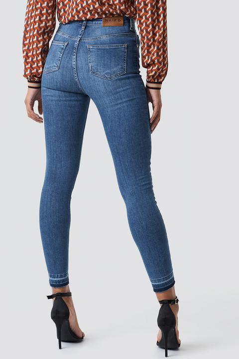 Skinny High Waist Open Hem Jeans Blue