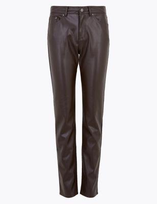 M&s Womens Sienna Faux Leather Straight Leg Trousers - 16lng - Chocolate, Chocolate