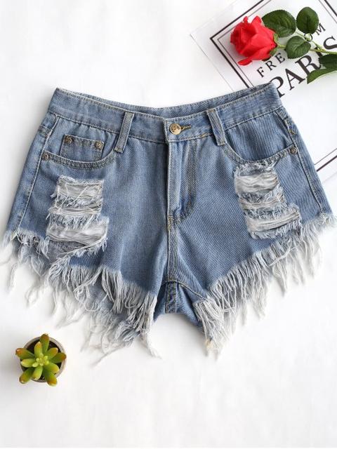 Frayed Hem Ripped Denim Shorts Denim Blue