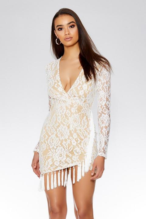 Cream Lace Long Sleeve Tassle Dress