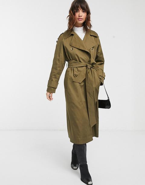 Asos Design Longline Trench Coat In Khaki-green