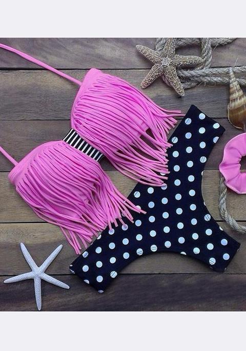 Costumi Da Bagno Pois Stampa Nappa A Due Pezzi Con Tracolla Fashion Rosa Chiaro
