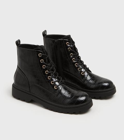 Black Faux Croc Chunky Lace Up Boots New Look Vegan