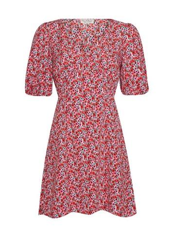 Womens Red Floral Print Short Sleeve Tea Dress With Recycled Polyester, Red