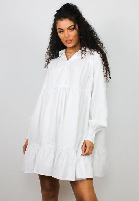 White Tiered Shirt Smock Dress, White
