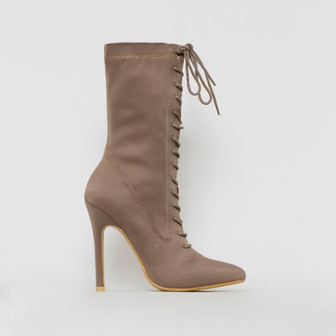 Celia Taupe Lycra Lace Up Pointed Ankle Boots