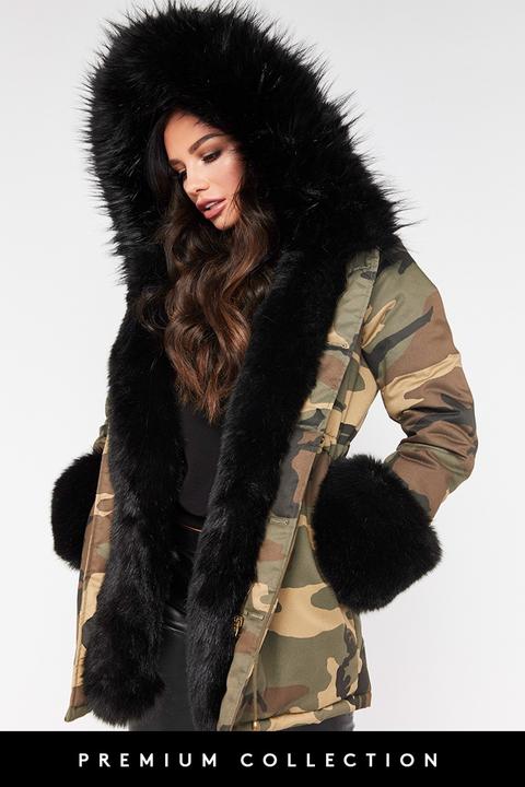 Vanessa Black Faux Fur Cuffed Camo Parka Jacket